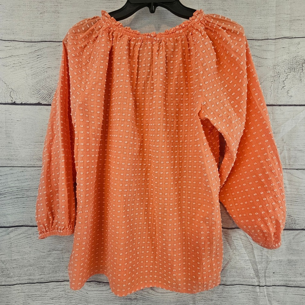 LOFT S Small Coral Swiss Dot 3/4 Sleeve Drawstring V-Neck Shirt L737 - Picture 2 of 6